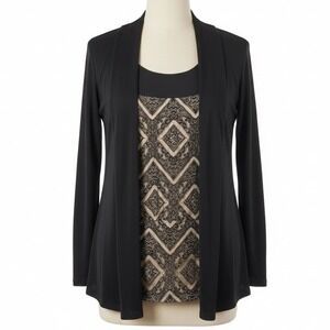 AB STUDIO Black Cardigan Lace Inset Top Set Large L Office Siren Goth Coquette